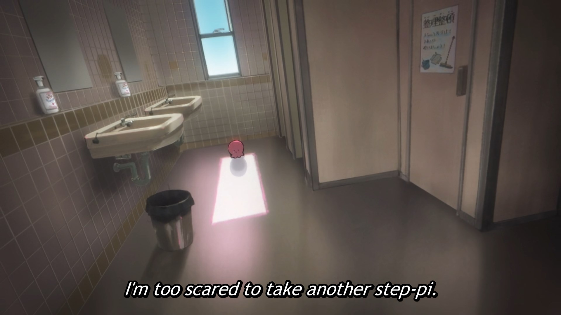 Takopi sitting in a school toilet, scred, shivering. The subtitle reads I'm too scared to take another step-pi